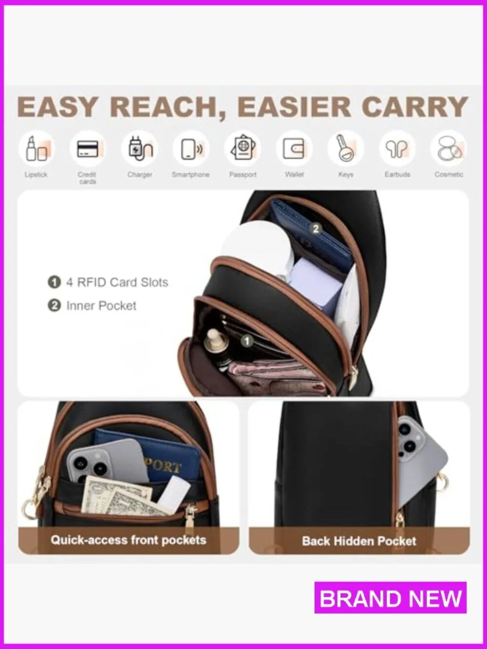 Anti Theft Sling Bag Crossbody Travel Purse RFID Blocking Chest Bag - Picture 4 of 6
